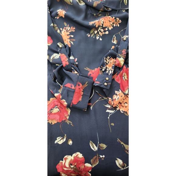 Lara Dress Size Large Bow Tie Neck Sheath Navy Floral Roll Tab Sleeve - Picture 10 of 10
